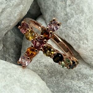 Multi Tourmaline Cross Ring Rose Gold Vermeil Sterling Silver 1.50 2.4grams